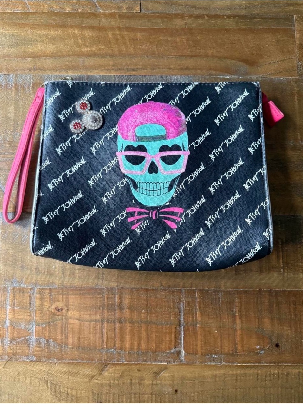 Betsey Johnson black wristlet Pouch with Pink & Teal Skull Graphic